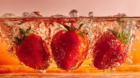 This eye-catching image captures ripe strawberries splashing into clear water, surrounded by lively bubbles. Perfect for food photography or health-related themes.の素材