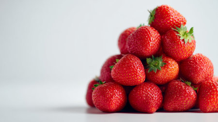 A beautiful stack of fresh red strawberries creates an appealing pyramidal shape against a soft neutral background, perfect for healthy eating and culinary projects.の素材