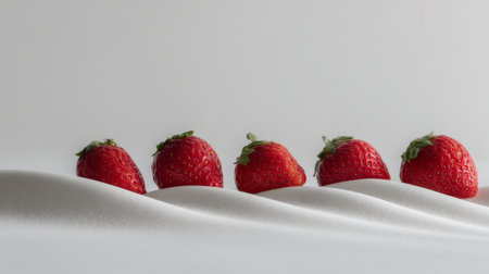 A visually appealing arrangement of fresh strawberries on soft white fabric, showcasing their vibrant color and texture against a minimalistic background.の素材