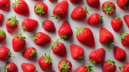 A beautiful arrangement of fresh red strawberries on a white background, showcasing their vibrant color and natural texture, ideal for healthy eating and culinary uses.の素材