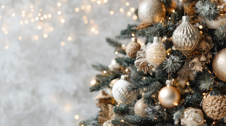 An artistic close-up of a beautifully decorated Christmas tree featuring gold and white ornaments. Soft lights create a warm ambiance perfect for holiday celebrations.の素材