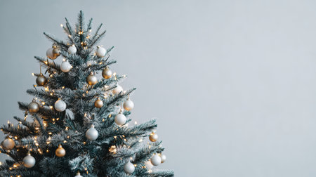 A stunning Christmas tree adorned with gold and white ornaments brings a festive touch to any space, radiating warmth and holiday cheer for a cozy atmosphere.の素材