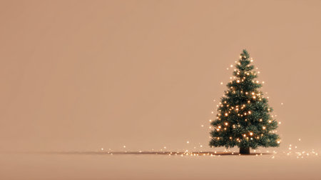 A beautiful Christmas tree adorned with sparkling lights stands against a soft beige backdrop, creating a warm and inviting atmosphere perfect for holiday celebrations.の素材