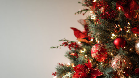 This captivating image features a beautifully decorated Christmas tree adorned with red flowers, baubles, and warm lights, embodying holiday cheer and spirit.の素材