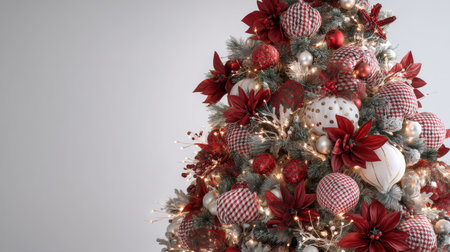 A beautifully decorated Christmas tree featuring vibrant red and white ornaments, shimmering lights, and elegant poinsettias, creating a festive atmosphere for the holidays.の素材