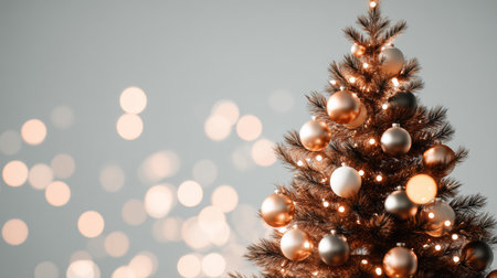 Celebrate the joy of the holiday season with this elegant Christmas tree adorned with shiny ornaments and soft lights, creating a magical and festive atmosphere.の素材