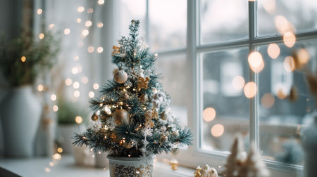 A charming indoor scene showcasing a decorated miniature Christmas tree, radiating warmth with soft lights and a serene window view, perfect for holiday cheer.の素材