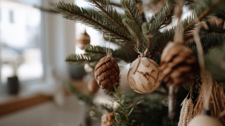 A serene close-up of natural wooden ornaments, including pinecones, hanging gracefully from a Christmas tree, creating a warm and inviting holiday atmosphere.の素材