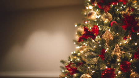 Beautifully decorated Christmas tree adorned with red ornaments and warm lights, creating a cozy and inviting atmosphere perfect for holiday celebrations.の素材