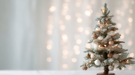 A beautifully decorated white Christmas tree stands elegantly with ornaments, set against a softly blurred background filled with warm bokeh lights, creating a festive ambiance.の素材