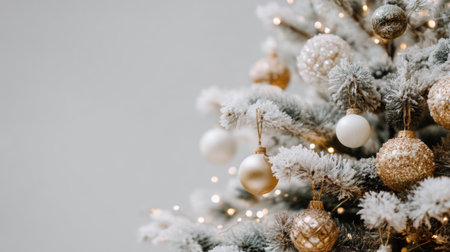 This beautiful Christmas tree features elegant gold and white ornaments nestled among frost-covered pine branches, creating a warm holiday atmosphere perfect for celebrations.の素材