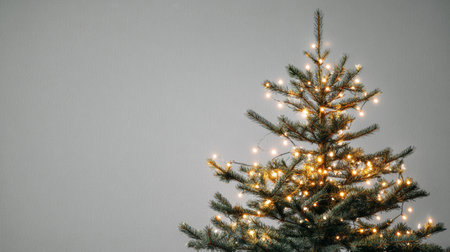 A charming Christmas tree adorned with glowing warm lights against a soft grey background, perfect for creating a cozy festive atmosphere during the holiday season.の素材