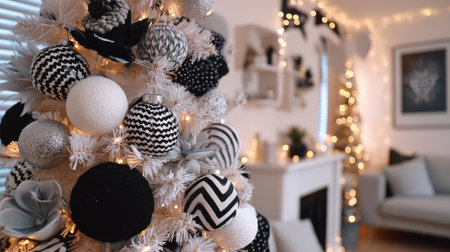 A beautifully decorated black and white Christmas tree brings warmth and elegance to a cozy living room, showcasing stylish ornaments and soft twinkling lights.の素材