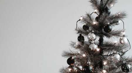 A stunning black and silver Christmas tree adorned with bright lights offers a striking decor piece. Perfect for creating a cozy and festive holiday atmosphere.の素材