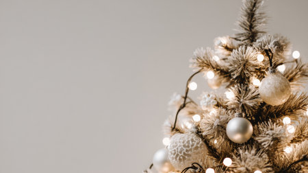 A beautifully decorated Christmas tree features silver ornaments and glowing lights, set against a clean white background, evoking warmth and festive joy.の素材