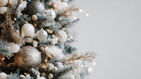 This image captures an elegant Christmas tree adorned with shimmering silver and white ornaments, twinkling lights, and natural elements, creating a warm holiday ambiance.の素材