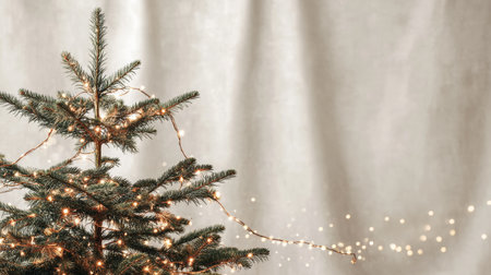 A stunning Christmas tree adorned with fairy lights, set against a soft beige background, perfect for conveying a warm and inviting holiday spirit in any setting.の素材