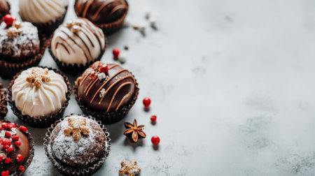 Delight in the beauty of these assorted chocolate cupcakes adorned with various toppings, perfect for any dessert table or culinary project.の素材