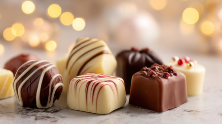 A delightful arrangement of assorted chocolate candies showcasing rich textures and flavors, set against a softly blurred background, ideal for festive treats.の素材