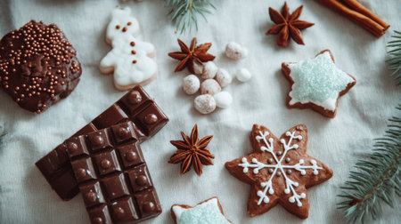 A delightful assortment of festive cookies and chocolates displayed on a rustic table, surrounded by greenery and spices, perfect for holiday celebrations.の素材
