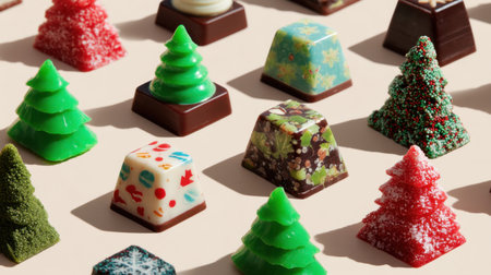 A vibrant assortment of Christmas-themed chocolates displayed delightfully. The arrangement features various shapes and colors, perfect for holiday celebrations.の素材