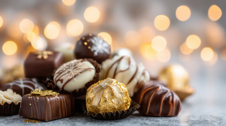 A stunning close-up of assorted gourmet chocolate confections featuring a range of textures and flavors, set against a sparkling bokeh background, ideal for dessert enthusiasts.の素材