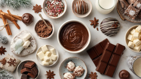 A delightful arrangement of chocolate treats and baking ingredients, perfect for holiday festivities. Explore various textures and flavors for festive desserts.の素材