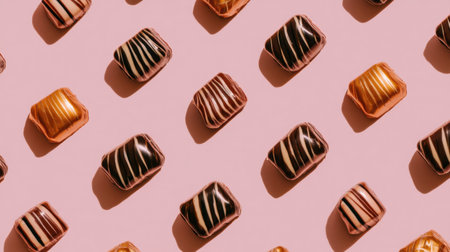 A visually stunning assortment of chocolate confections displayed on a soft pink background, perfect for celebrating sweetness and indulgent moments in life.の素材