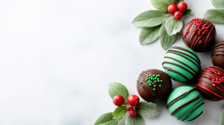 An array of festive chocolate truffles in vibrant colors, accented with toppings and surrounded by fresh greenery and berries, perfect for holiday celebrations.の素材