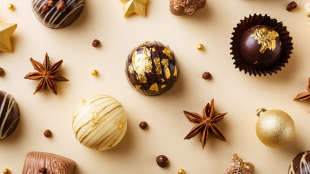 An elegant display of assorted chocolate truffles featuring rich textures and shiny finishes. Decorated with golden accents, stars, and spices for a festive touch.の素材
