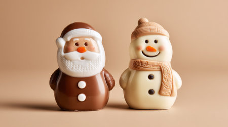 Adorable chocolate figurines featuring Santa and a snowman, ideal for bringing festive cheer to holiday celebrations or as charming decorations for winter gatherings.の素材