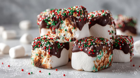 Indulge in these delightful chocolate-dipped marshmallows, adorned with vibrant sprinkles. Perfect for winter festivities, gatherings, and celebrations with friends.の素材