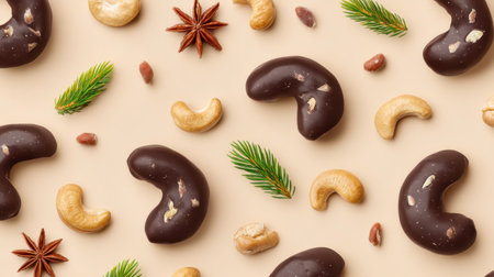 Delight in this artistic arrangement of chocolate-covered nuts and spices on a beige background, perfect for showcasing gourmet snacks and enhancing food photography.の素材