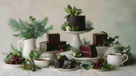 A stunning still life featuring rich dark chocolate desserts artfully arranged with fresh greenery and seasonal decorations, evoking a sense of indulgence and luxury.の素材