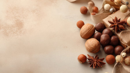 This image showcases a beautiful arrangement of assorted chocolates, nuts, and spices against a soft beige background, ideal for culinary projects or festive occasions.の素材