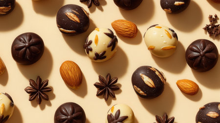 A visually appealing display of assorted gourmet chocolate truffles featuring nuts and spices, ideal for culinary photography and desserts, highlighting elegance and indulgence.の素材
