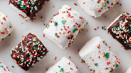 Colorful and delightful chocolate-dipped marshmallows topped with vibrant sprinkles showcase a festive treat perfect for holiday celebrations or cozy gatherings.の素材