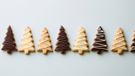 A delightful arrangement of holiday cookies shaped like Christmas trees, creatively decorated with chocolate and icing, perfect for festive gatherings and celebrations.の素材
