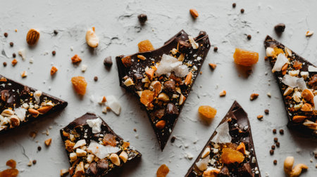A visually appealing arrangement of dark chocolate bark topped with assorted nuts and dried fruits, perfect for a healthy dessert or gourmet snack option.の素材