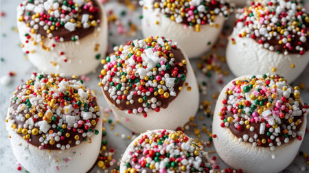 This vibrant arrangement of marshmallow treats showcases rich chocolate and an array of colorful sprinkles, perfect for festive celebrations or dessert tables.の素材