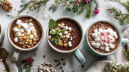 Experience the warmth of winter with delightful hot chocolate varieties adorned with fluffy toppings, surrounded by natural decor and a cozy atmosphere. Perfect for celebrating.の素材