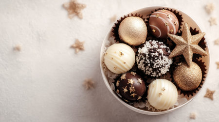 This image showcases an exquisite assortment of gourmet chocolate truffles adorned with gold and white decorations, perfect for celebrations or holiday gatherings.の素材