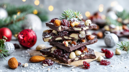 A delightful arrangement of festive chocolate bark layered with nuts and dried fruit, set against a soft gray background, with holiday decorations enhancing the seasonal vibe.の素材