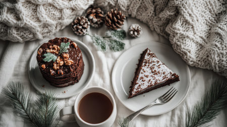 A cozy winter scene featuring delicious chocolate cakes and coffee on a white table. Pinecones and greenery add a rustic touch to this inviting setting.の素材