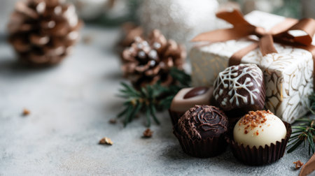 A charming arrangement of gourmet chocolate truffles beside a wrapped gift and pine cones, perfect for holiday celebrations, festive gatherings, and sweet indulgences.の素材