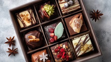 An elegant box filled with various gourmet chocolates, each uniquely decorated and designed, ideal for celebrations, gifts, and indulgent moments.の素材