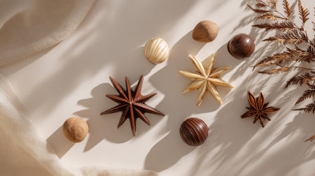 Discover an elegant arrangement of spices and decorative elements on a neutral background, showcasing natural textures and soft lighting to enhance any culinary atmosphere.の素材