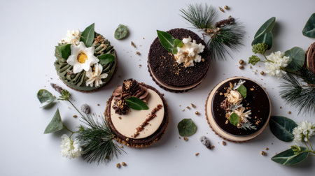 This image showcases a stunning display of decorative mini cakes, each with unique toppings and floral accents, perfect for events or culinary showcases.の素材