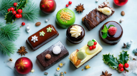 A vibrant assortment of festive desserts beautifully arranged with seasonal decorations, capturing the essence of holiday celebrations and culinary artistry.の素材