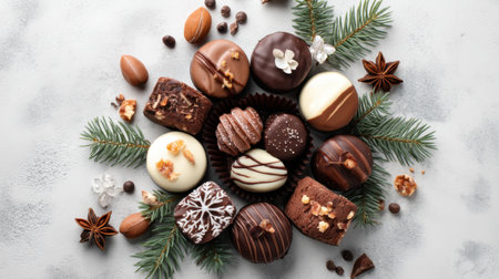 A visually appealing assortment of gourmet chocolate treats arranged beautifully with festive greenery and natural decorations, perfect for holiday celebrations.の素材